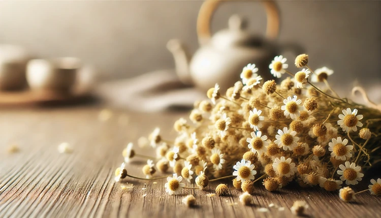 Close-up of dried chamomile flowers on a wooden table with a teapot in the background.