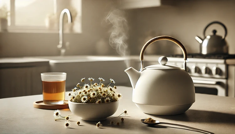 A teapot and chamomile tea with dried chamomile flowers in a minimalist modern kitchen setting.