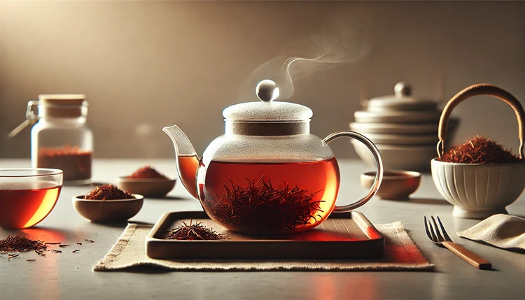 Rooibos tea being steeped in a clear glass teapot with steam rising, showcasing the deep color of the tea.