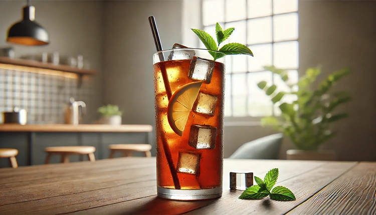 A tall glass of iced Rooibos tea with lemon and mint garnish, served on a wooden table.