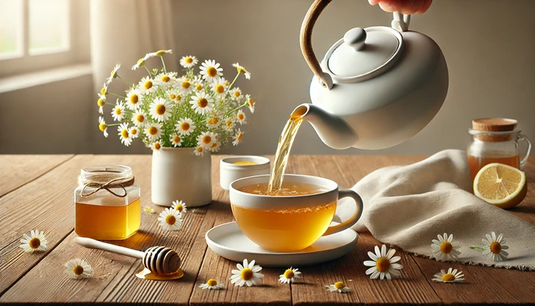 Teapot pouring chamomile tea into a cup with honey and lemon.