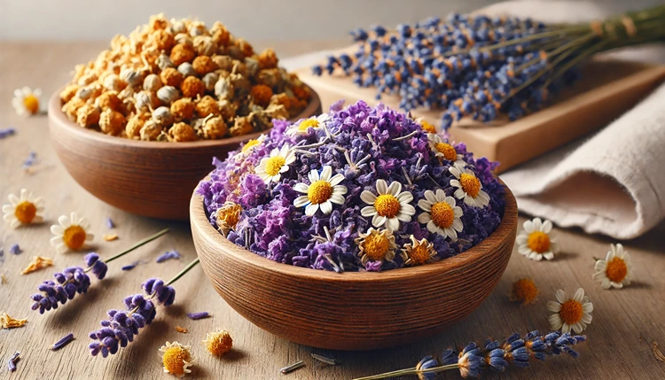 Dried chamomile and lavender flowers in bowls on a wooden table