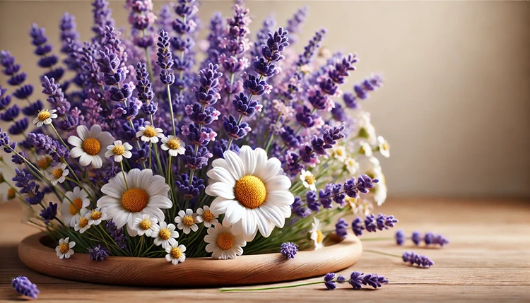 Fresh lavender and chamomile flowers on a wooden table