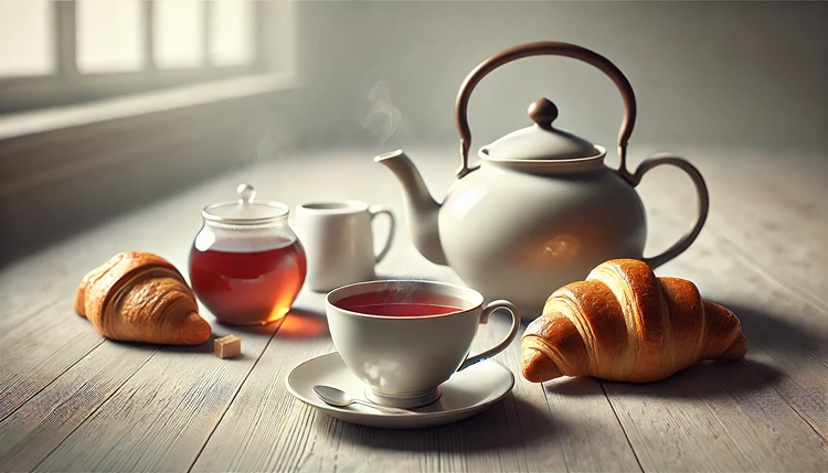 English Breakfast tea with a teapot and croissant on a wooden table