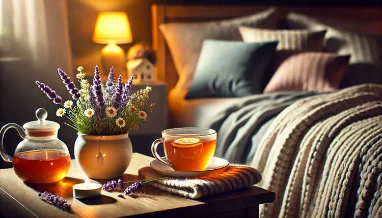 Lavender and chamomile tea on a bedside table in a relaxing bedroom atmosphere