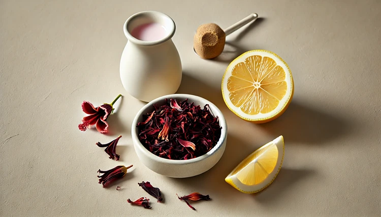 Dried hibiscus petals in a small white bowl next to fresh lemon slices.