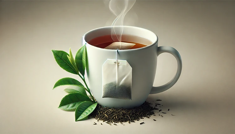 Classic tea bag steeping in a white mug with steam rising.
