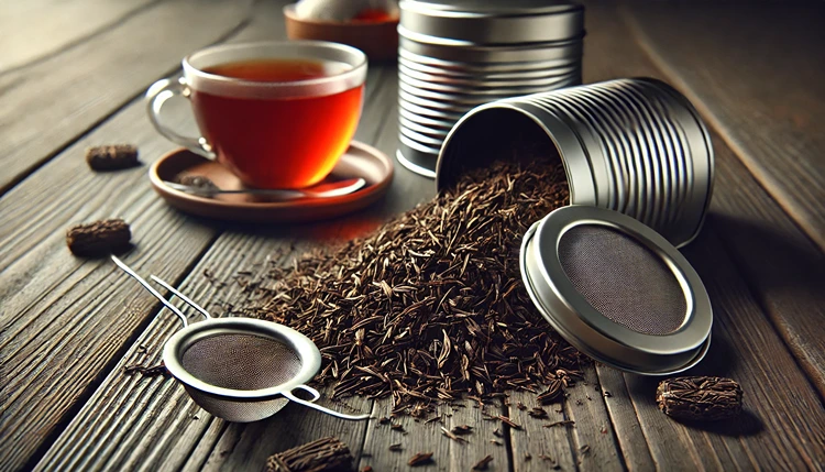 Loose leaf tea leaves spilling from a tin onto a wooden table with a tea strainer.