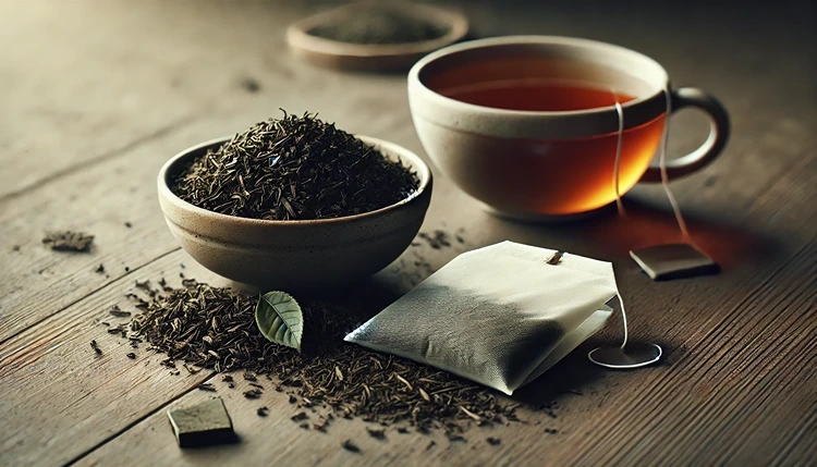 Loose leaf tea and tea bag side by side showcasing texture difference.