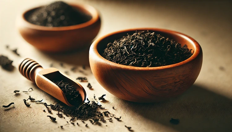 Close-up of loose-leaf black tea in a wooden bowl with a tea scoop.