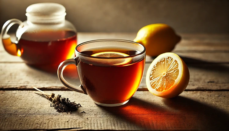 Fresh cup of black tea with a lemon wedge on the side on a rustic wooden table.