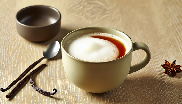 Vanilla Rooibos Tea Latte ingredients on a kitchen countertop