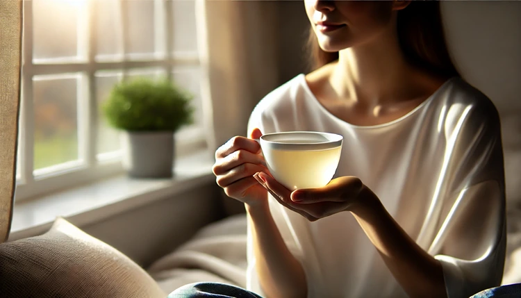 A woman enjoying white tea by a window in a peaceful setting