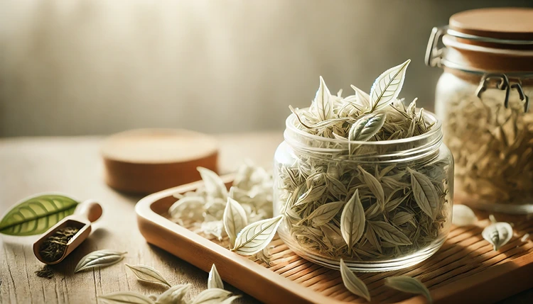 Close-up of white tea leaves in a glass jar with natural sunlight